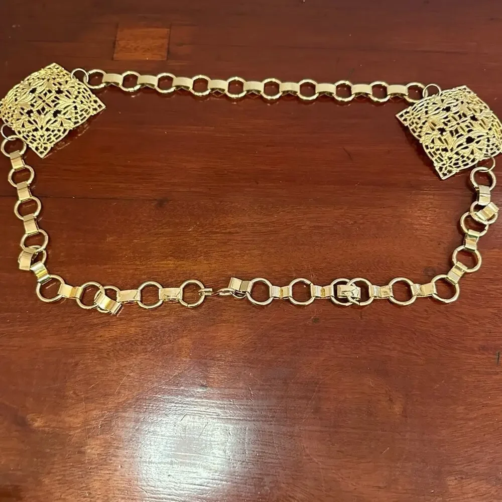 Gold Textured Metal Belt Square Filigree Link Chain Boho Bohemian 90s Y2K